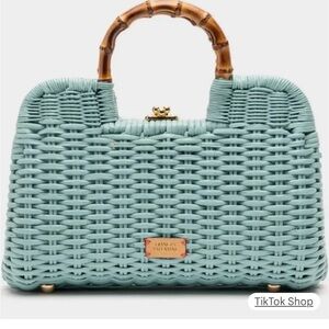 ISO Frances Valentine Buzzy Wicker Satchel - Mint Woven Bamboo Handle Tote